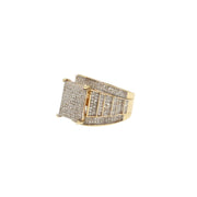 A horizontal view of the 10K gold ring highlighting the uniform rows of natural diamonds and the tiered architectural design of the band.