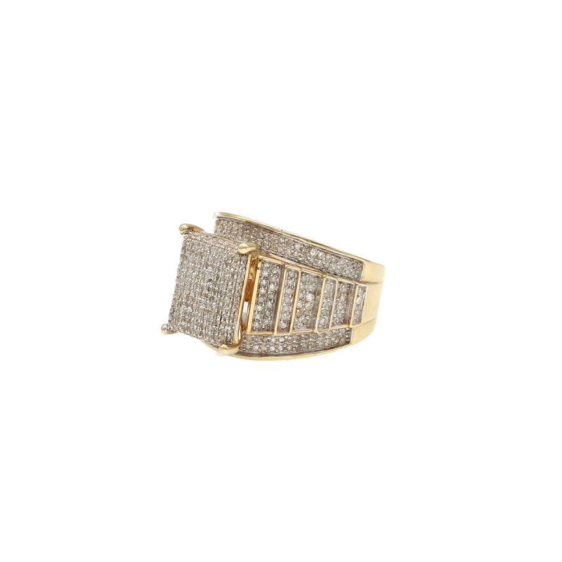 A horizontal view of the 10K gold ring highlighting the uniform rows of natural diamonds and the tiered architectural design of the band.