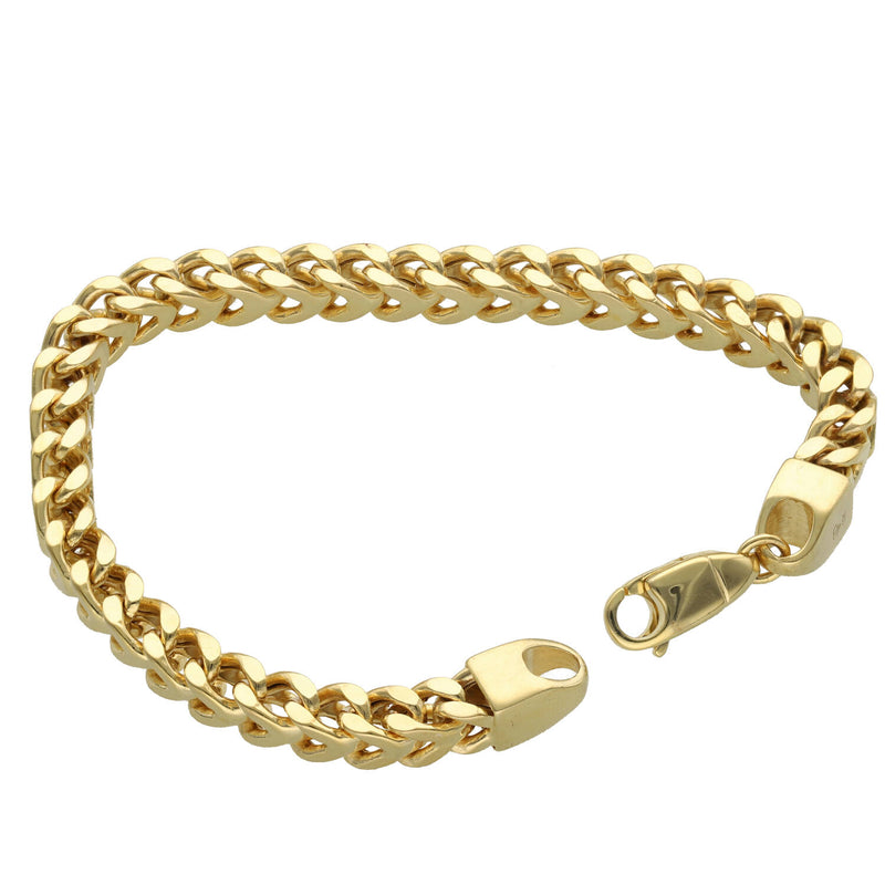 Full flat lay view showing the length and secure clasp of a 10K yellow gold 6mm Franco chain bracelet by Veka Jewelry