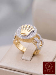 Men's 10K yellow gold crown ring with diamond-encrusted Cuban links and maze design on display stand - VEKA Jewelry.