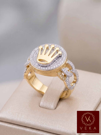 Men's 10K yellow gold crown ring with diamond-encrusted Cuban links and maze design on display stand - VEKA Jewelry.