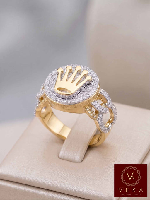 Men's 10K yellow gold crown ring with diamond-encrusted Cuban links and maze design on display stand - VEKA Jewelry.