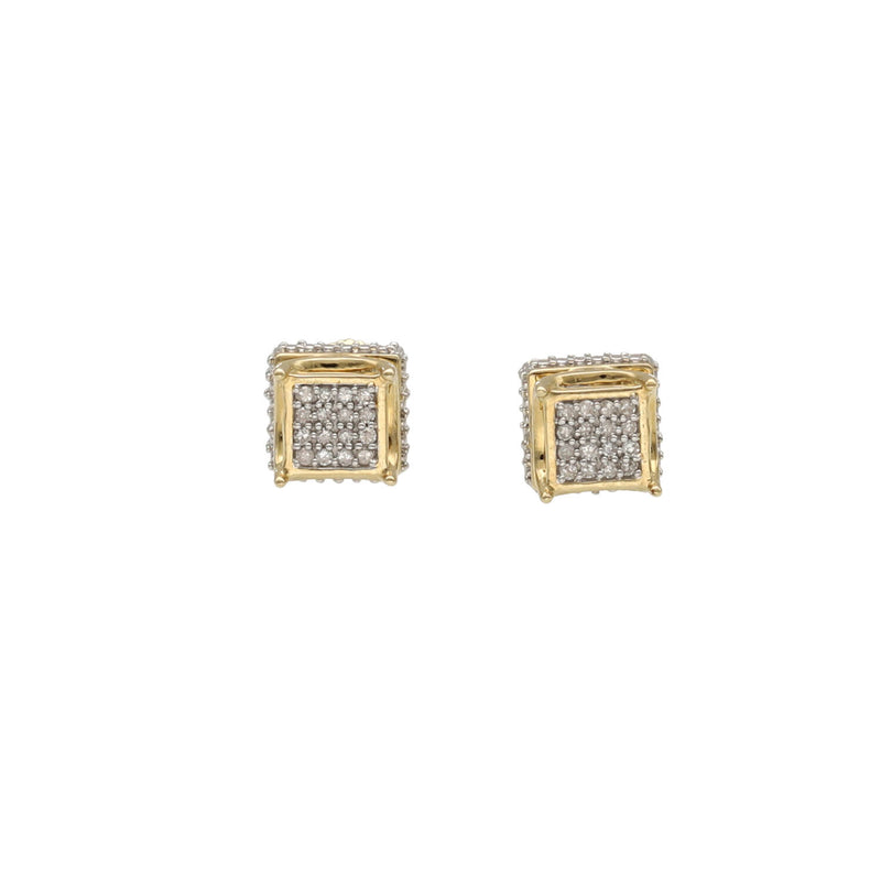 A pair of 10 karat gold square earrings with diamond inlays, designed for unisex wear. 