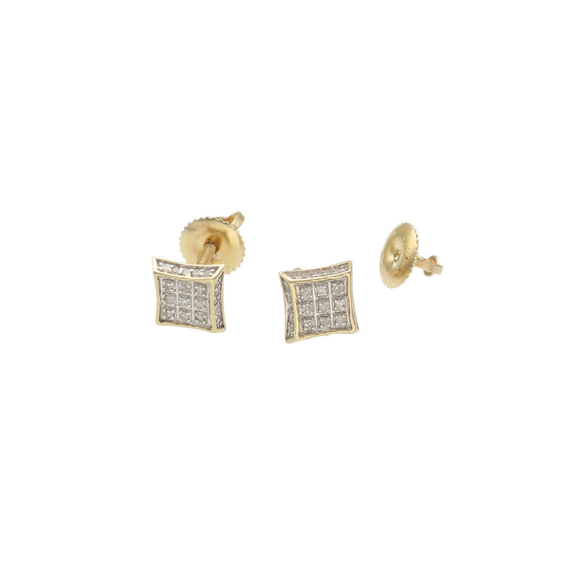 Pair of men's 10K gold diamond square stud earrings showing front diamond setting and screw-back closures on a white background