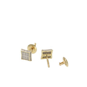 Side profile view of 1/6 CTW men's 10K gold diamond square stud earrings highlighting the threaded post and secure backing.