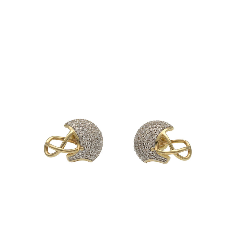 Men's football helmet stud earrings in 10k yellow gold featuring 3/8 ctw natural diamond accents on a solid white background.