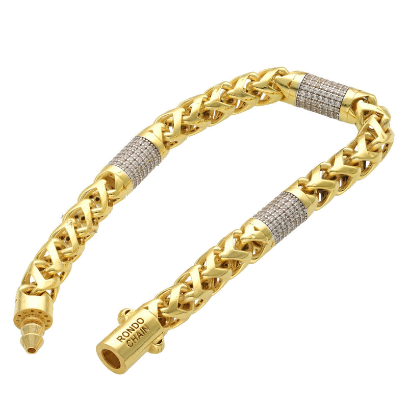 Top-down view of a closed 8-inch men's Franco bracelet in 10k gold, highlighting the uniform 8mm width