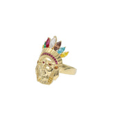 Side view of men's 10k yellow gold Indian Chief head ring featuring a headdress set with synthetic ruby, emerald, and clear cubic zirconia stones.