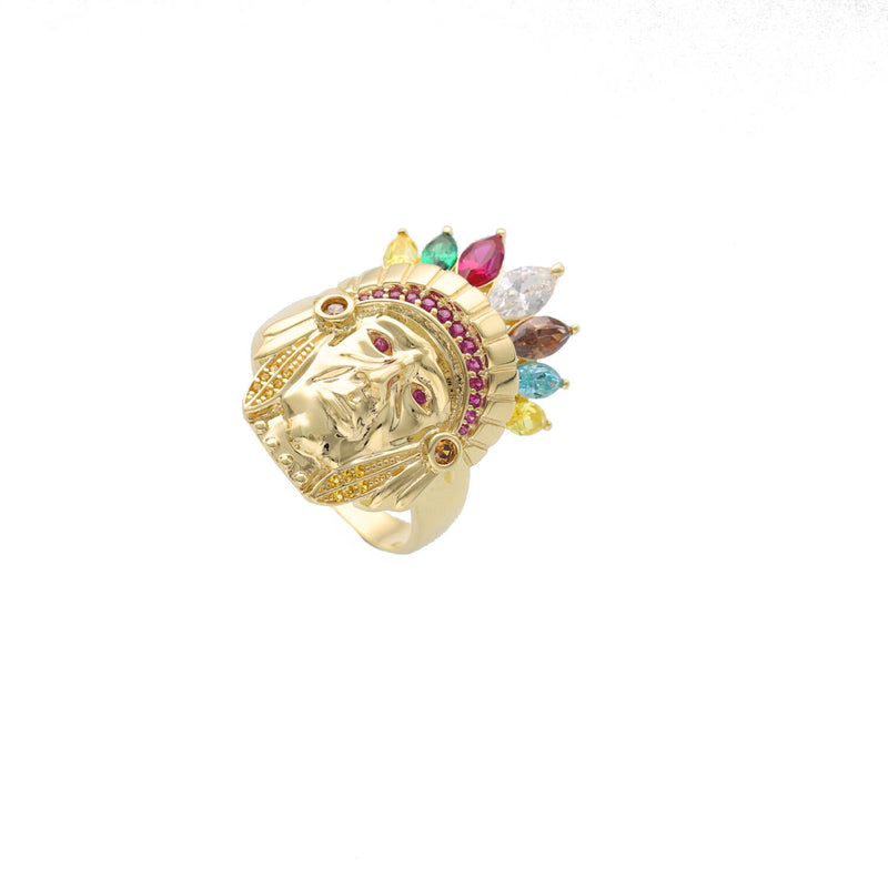 Top view of men's 10k yellow gold Indian Chief head ring featuring a headdress set with synthetic ruby, emerald, and clear cubic zirconia stones.