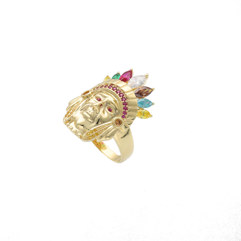 Top Side view of men's 10k yellow gold Indian Chief head ring featuring a headdress set with synthetic ruby, emerald, and clear cubic zirconia stones.