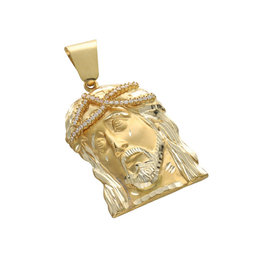 Male model wearing the 10K yellow gold Jesus face pendant on a gold chain necklace for men by Veka Jewelry