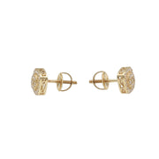 Detailed back and three-quarter view of 10K yellow gold men's moissanite studs revealing the ornate side pattern and solid gold backing.