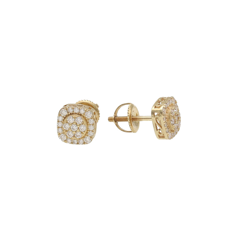 Side profile view of a masculine 10K yellow gold moissanite stud earring showcasing the secure screw back mechanism.