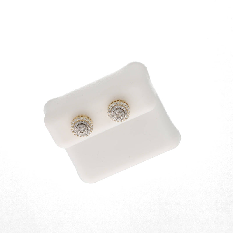 Close-up view of a pair of 10K gold moissanite stud earrings with secure screw-back posts on a clean white background
