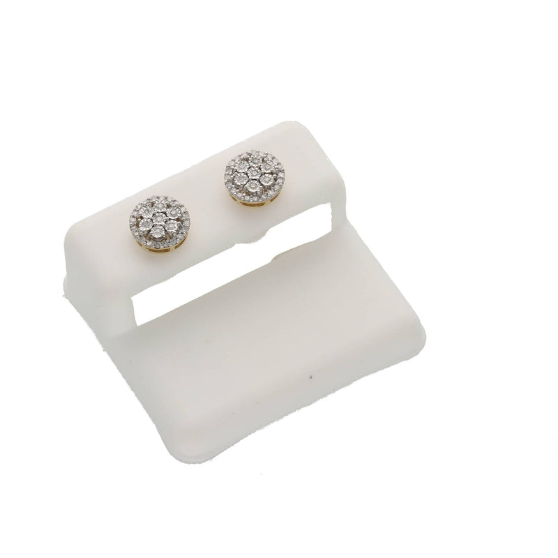 Angled studio shot of a pair of 1/4ctw round diamond cluster stud earrings in solid 10K gold on a white display clip.