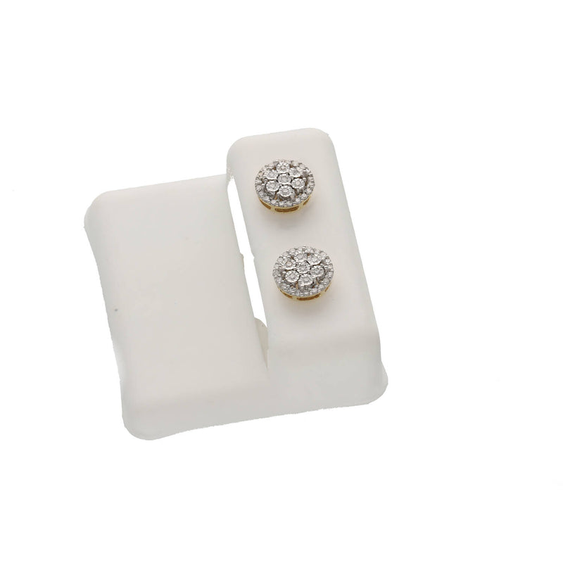 High angle view of 8.5mm round natural diamond cluster earrings with secure 10K gold screw backs on a white background.