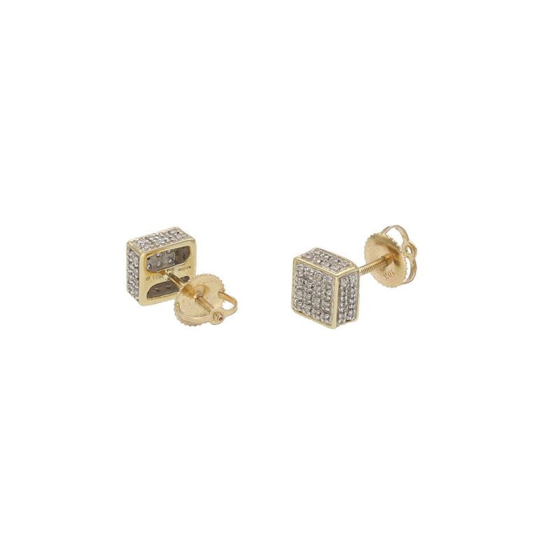 Pair of men's 10K gold square diamond stud earrings with secure screwbacks isolated on a clean white background