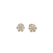 Product view of a pair of Men's Moissanite Cluster Stud Earrings in 10K Yellow Gold by Veka Jewelry, showing the front face and back profile