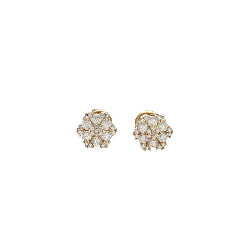 Product view of a pair of Men's Moissanite Cluster Stud Earrings in 10K Yellow Gold by Veka Jewelry, showing the front face and back profile