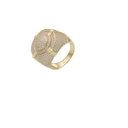 Close-up view of a heavy men's ring made of 14k yellow gold, featuring a round face and thick band completely paved with clear cubic zirconia stones and screw-head details against a plain white background.