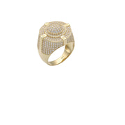 Close-up view of a heavy men's ring made of 14k yellow gold, featuring a round face and thick band completely paved with clear cubic zirconia stones and screw-head details against a plain white background.
