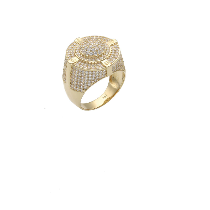 Close-up view of a heavy men's ring made of 14k yellow gold, featuring a round face and thick band completely paved with clear cubic zirconia stones and screw-head details against a plain white background.