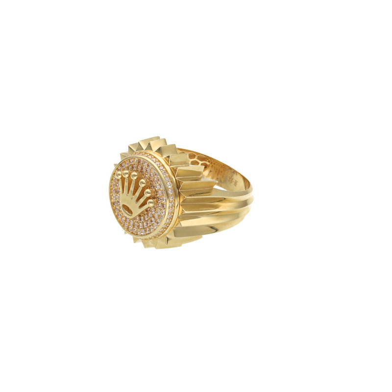 Veka Jewelry 14K yellow gold crown signet ring with pave cubic zirconia diamonds.