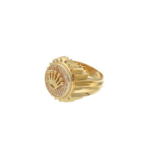 Veka Jewelry 14K yellow gold crown signet ring with pave cubic zirconia diamonds.