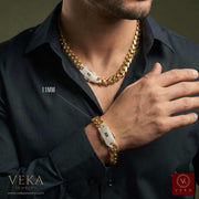 Male model wearing a solid 14K gold Monaco chain necklace and matching 11mm Monaco link bracelet on wrist from Veka Jewelry.