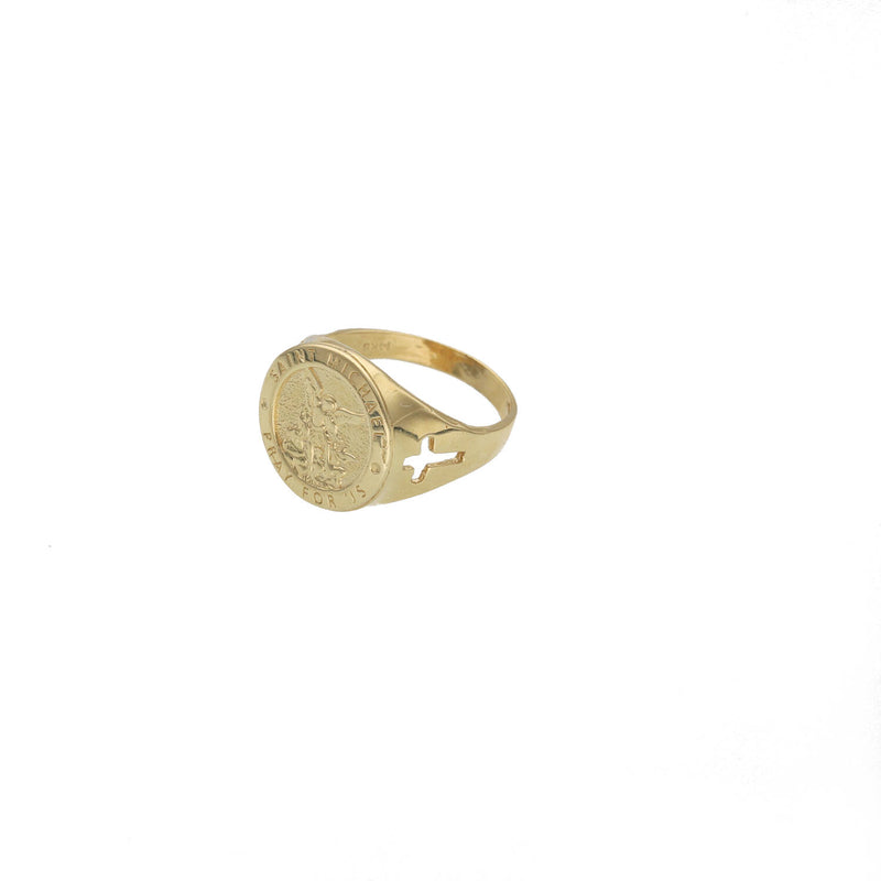 Side profile view of the polished 14K gold band showing the openwork cross feature.