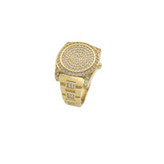 Veka Jewelry 14K yellow gold watch-style ring with pave CZ stones. White background.