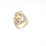 Detailed view of a men's heavy 14k yellow gold ring featuring a leaping horse with white gold accents set within a horseshoe paved with clear cubic zirconia stones.