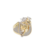 Detailed view of a men's heavy 14k yellow gold ring featuring a leaping horse with white gold accents set within a horseshoe paved with clear cubic zirconia stones on a white background