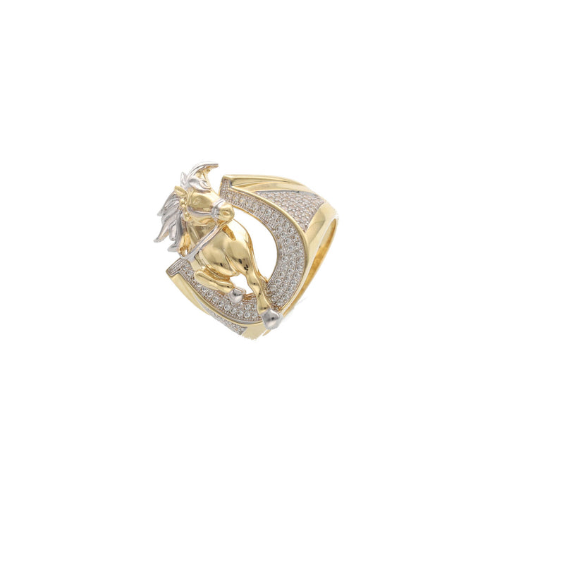 Detailed front view of a men's heavy 14k yellow gold ring featuring a leaping horse with white gold accents set within a horseshoe paved with clear cubic zirconia stones on a white background