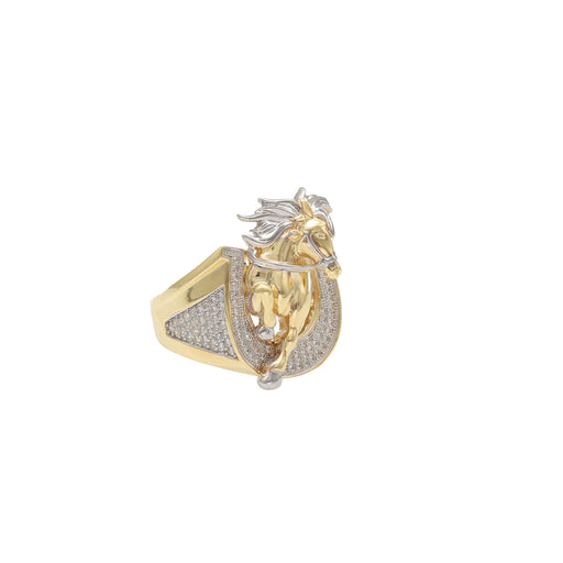 Detailed view of a men's heavy 14k yellow gold ring featuring a leaping horse with white gold accents set within a horseshoe paved with clear cubic zirconia stones.