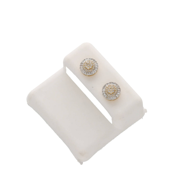 Pair of 7mm men's fine diamond earrings arranged on a diagonal white leatherette jewelry display pad.