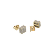 Close-up view of 7mm men's square diamond cluster stud earrings in solid 10K gold.