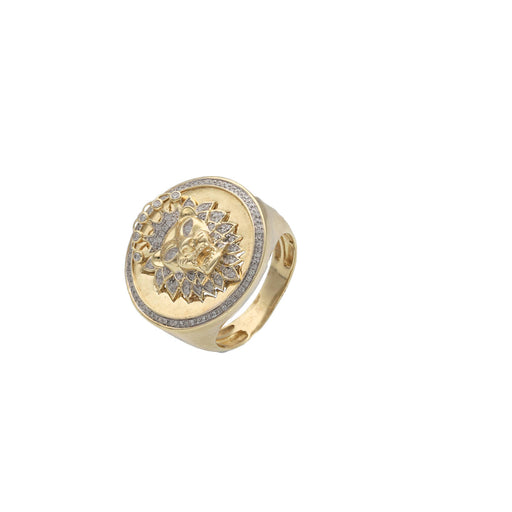 High-detail studio shot of a massive 10k yellow gold men's statement ring featuring a fierce 3D sculptured lion head surrounded by a pave-set natural diamond halo and adorned mane