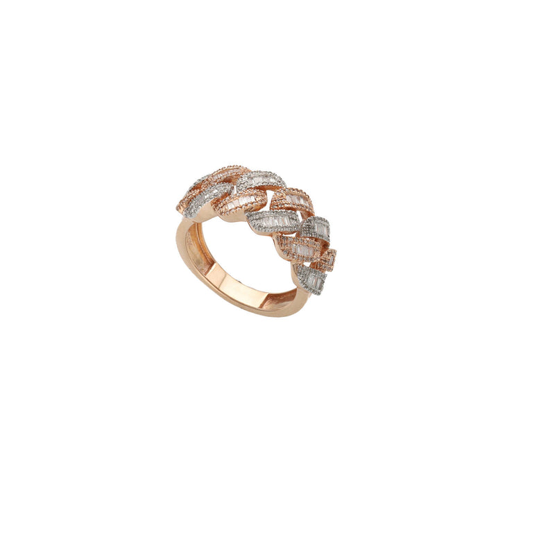 Side perspective of a 10k two-tone gold Cuban link half-band ring illustrating the baguette diamond settings and solid gold band.