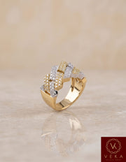 Men's two-tone 10K gold edge Cuban link ring with 1.18 CTW natural diamonds on a reflective surface - VEKA Jewelry.