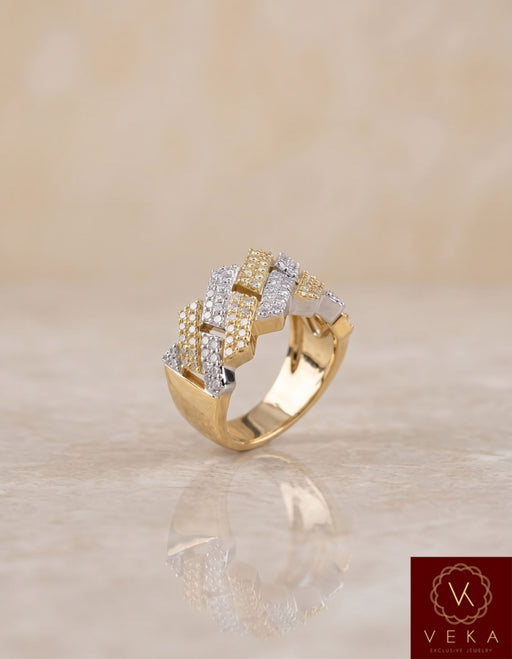 Men's two-tone 10K gold edge Cuban link ring with 1.18 CTW natural diamonds on a reflective surface - VEKA Jewelry.