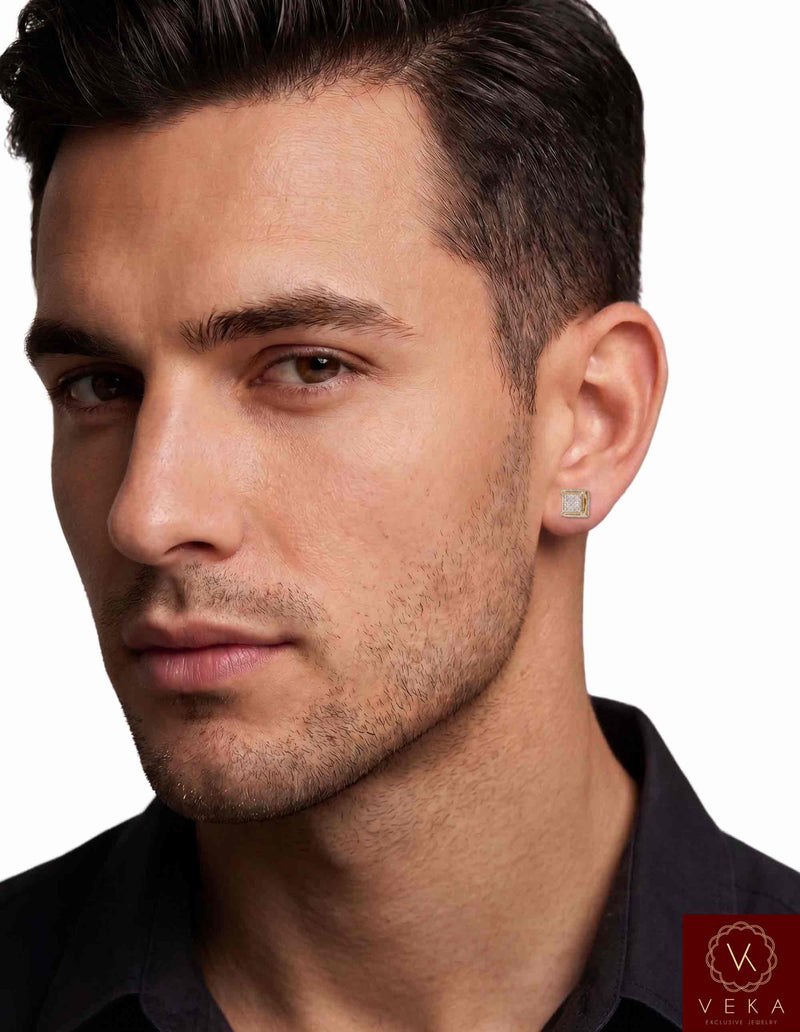 Side profile of a male model wearing a small 6mm 10K gold diamond square cluster stud earring with a secure screw back