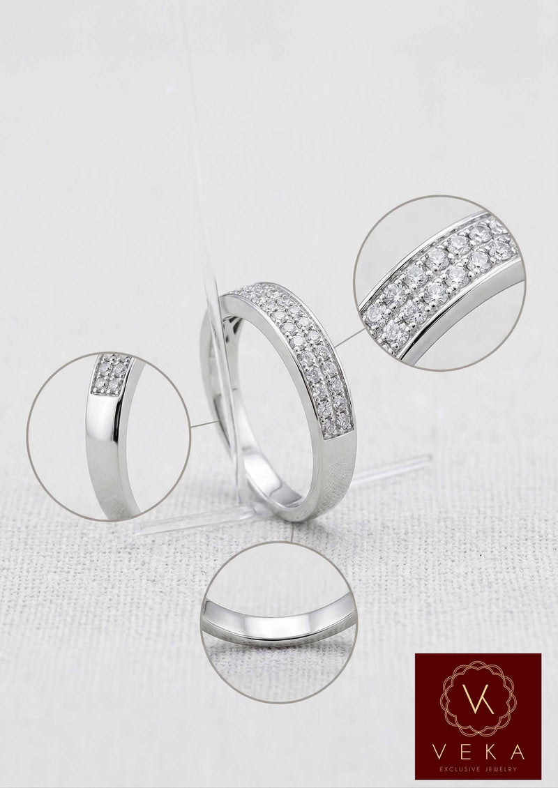 Professional collage of a men's 14K white gold wedding band featuring a double-row natural diamond pavé setting, polished finish, and 0.52 TCW by VEKA Jewelry.