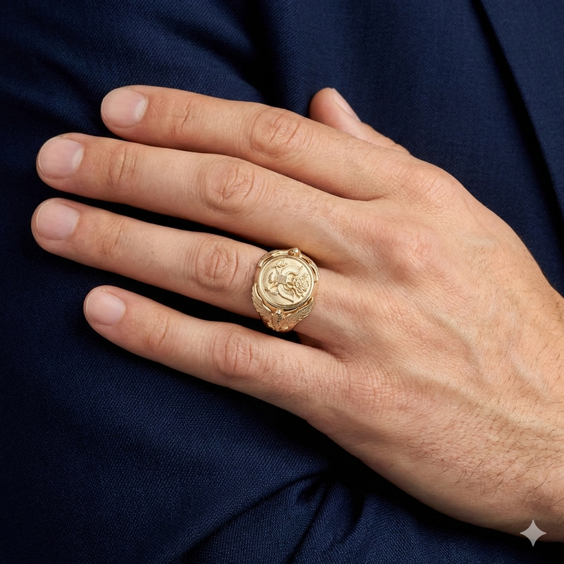 A male model's hand wearing the massive 14k gold Great Seal eagle shield ring on the ring finger, resting against a dark blue suit jacket sleeve.
