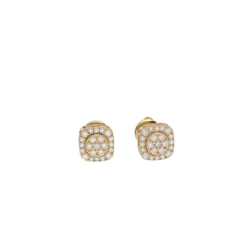 Two men's 10K yellow gold moissanite stud earrings arranged horizontally to highlight the solid gold screw-back closures.