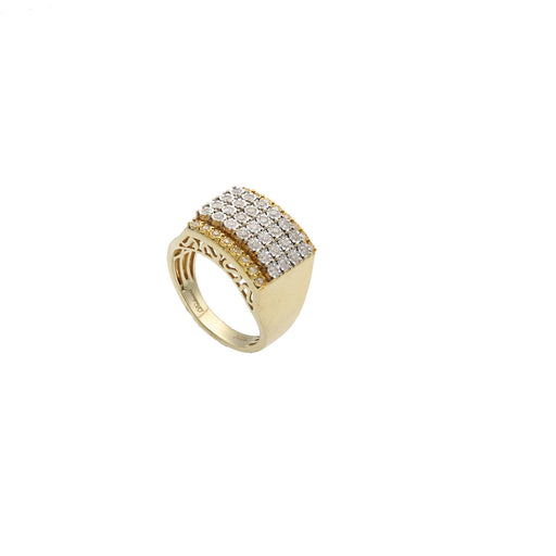 Side profile of a men's 10k yellow gold ring showing the 0.65 CTW natural diamond pave setting and filigree band detail