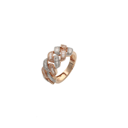 Close-up of a Men's 10k Rose and White Gold Cuban link diamond ring with baguette and round stones worn on a finger, showing scale and brilliance