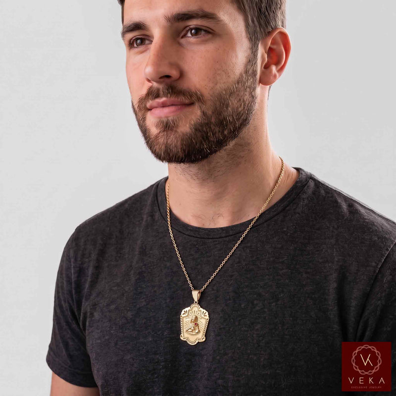 Men's 10K or 14K solid yellow gold Santa Barbara medallion charm pendant worn on a gold chain necklace by a male model