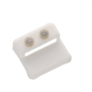 Pair of 8mm men's moissanite double halo stud earrings presented on a professional white leatherette display holder