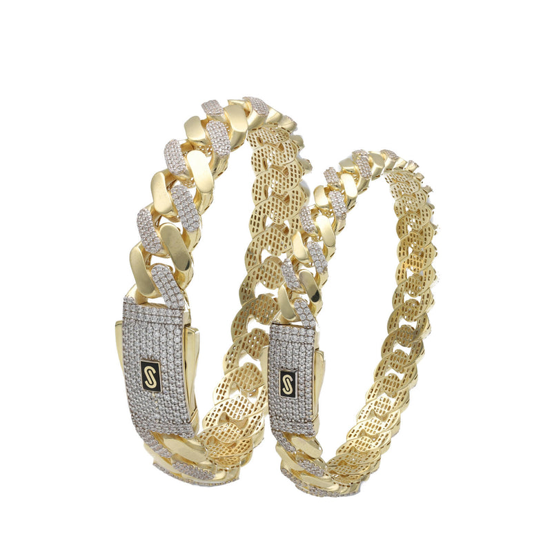 Comparison of 8mm and 11mm Monaco 10k yellow gold bangles with Swarovski stone details and secure locks